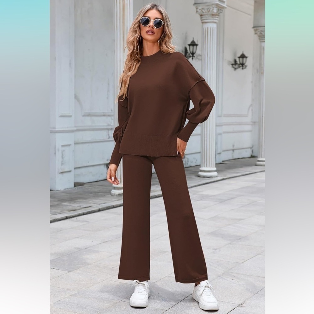 Sweater Set Women's Two Piece Long Sleeve Knit Top Brown